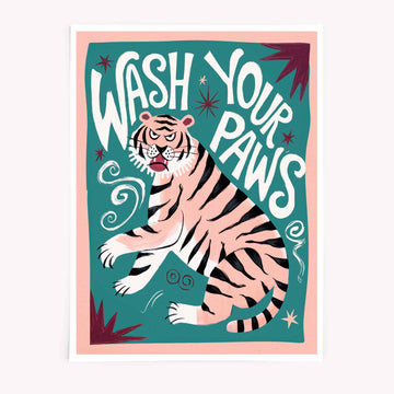 Wash Your Paws tiger print with bold typography and teal background
