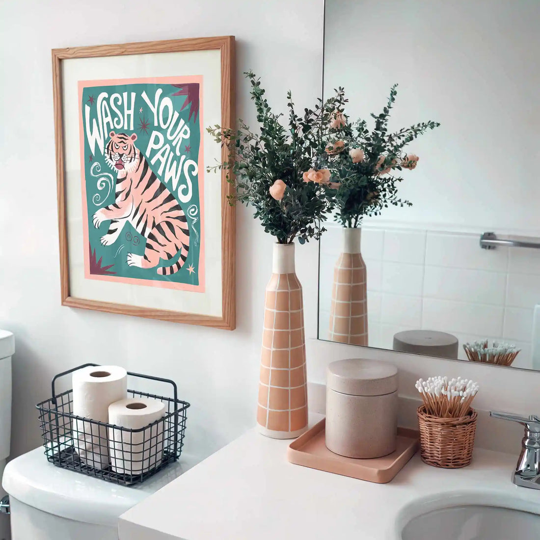 Wash Your Paws beige and black framed bathroom wall art for minimalist interiors by Afterhours Gallery