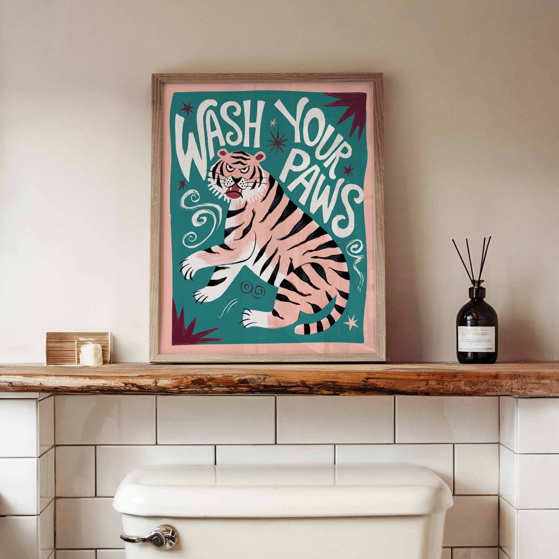 Framed tiger bathroom wall art in bathroom interior