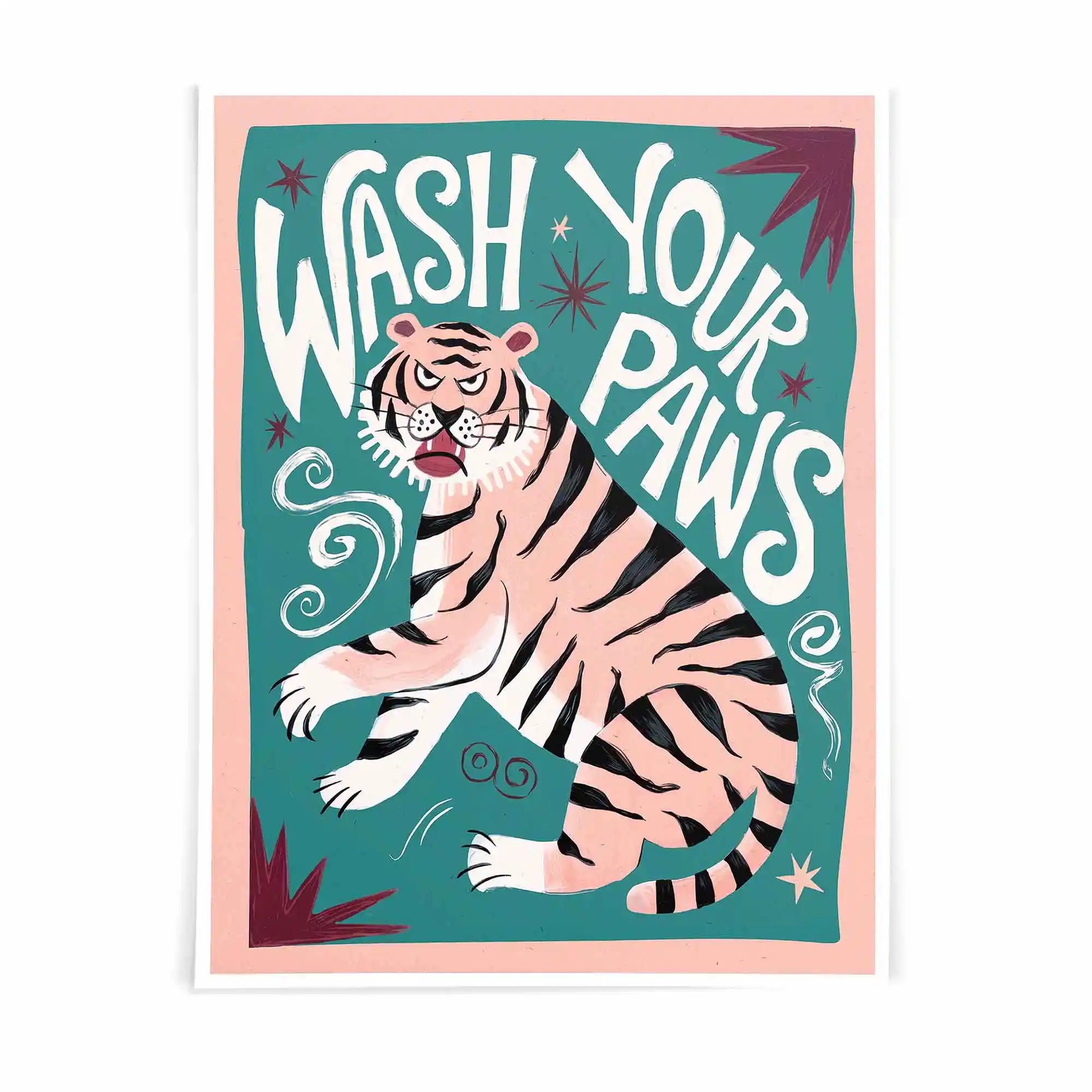 Wash Your Paws beige and black typography poster for modern bathroom interiors by Afterhours Gallery