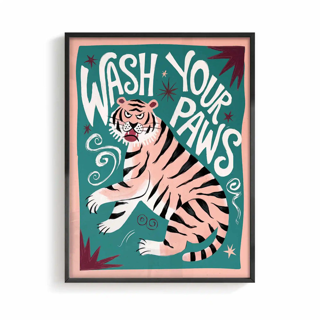 Wash Your Paws beige and black framed bathroom wall art for minimalist interiors by Afterhours Gallery