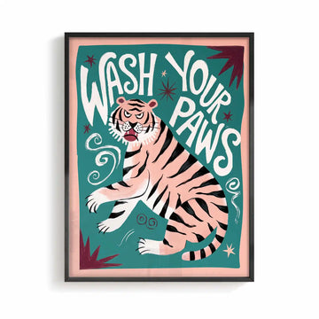 Wash Your Paws beige and black framed bathroom wall art for minimalist interiors by Afterhours Gallery