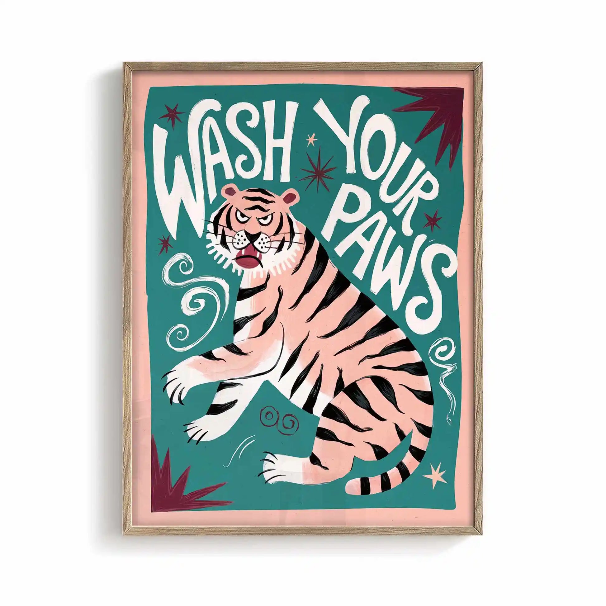 Wash Your Paws beige and black oak framed bathroom poster for rustic interiors by Afterhours Gallery
