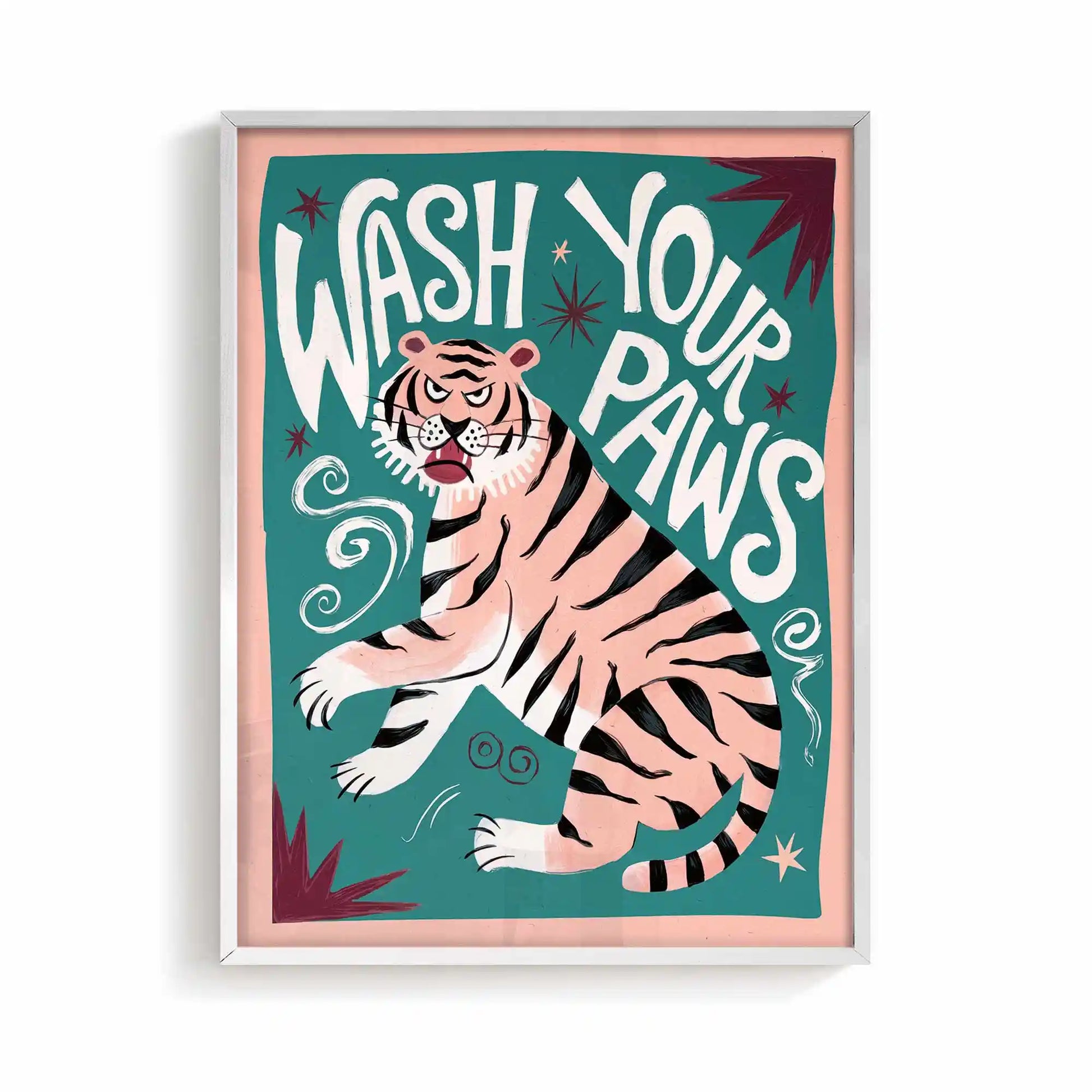 Wash Your Paws beige and black framed typography print for scandi bathrooms by Afterhours Gallery