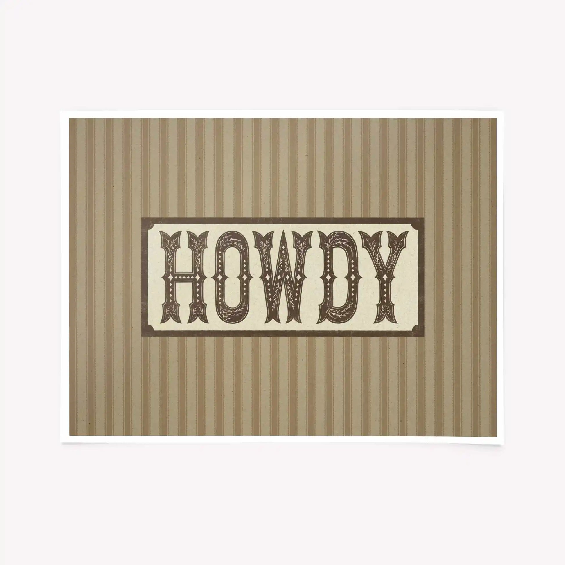 Vintage-inspired western typography wall art featuring ornate cowboy lettering and rustic Americana styling. Perfect for modern western interiors.