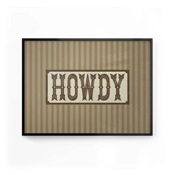 Howdy western typography wall art print with vintage cowboy lettering and rustic Americana design