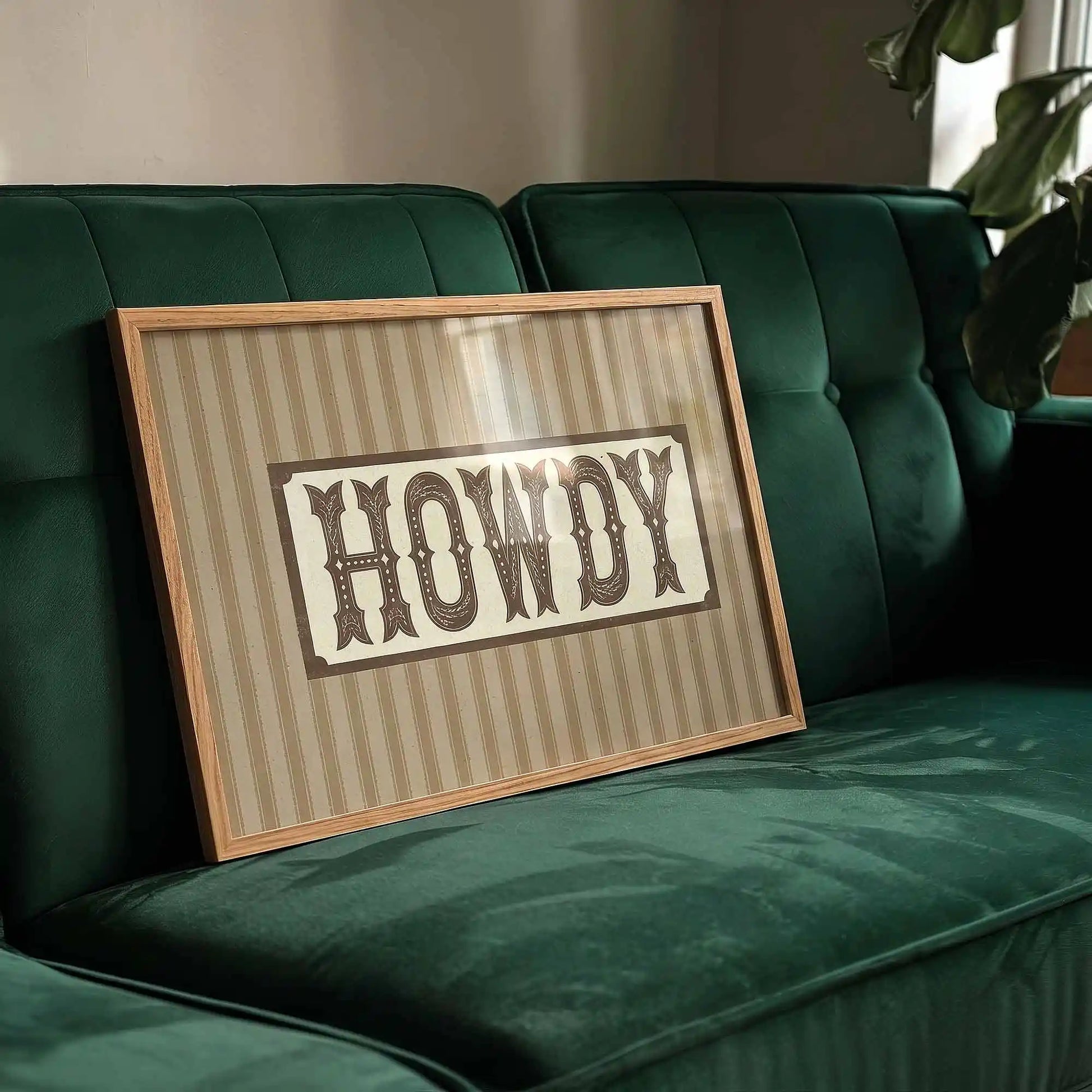 Howdy western typography framed wall art with vintage cowboy lettering