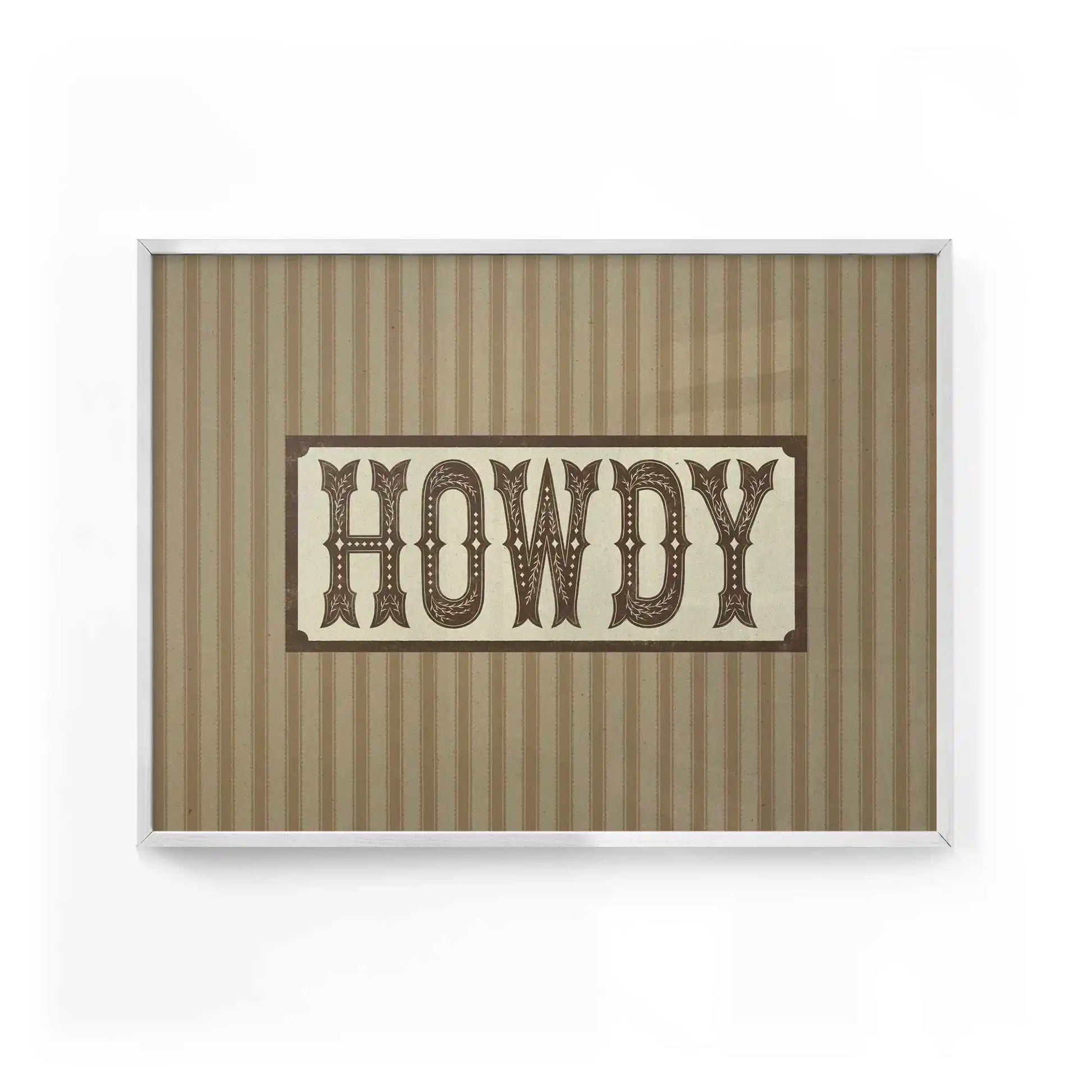 Howdy western typography framed wall art print with vintage cowboy lettering and rustic Americana design