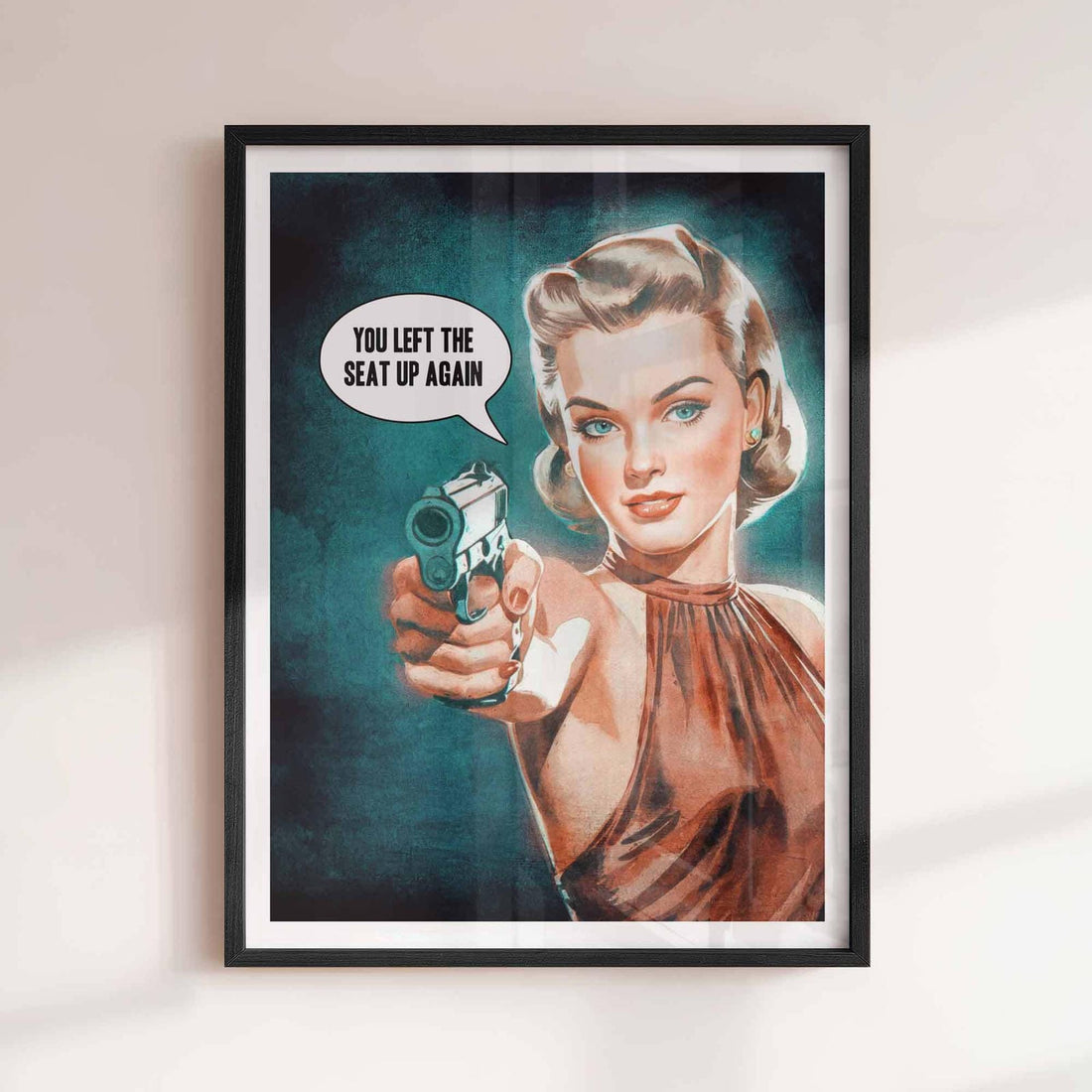 Vintage Bathroom Humor Poster | Retro Woman With Gun Wall Art | Funny Toilet Print | Feminist Retro Decor