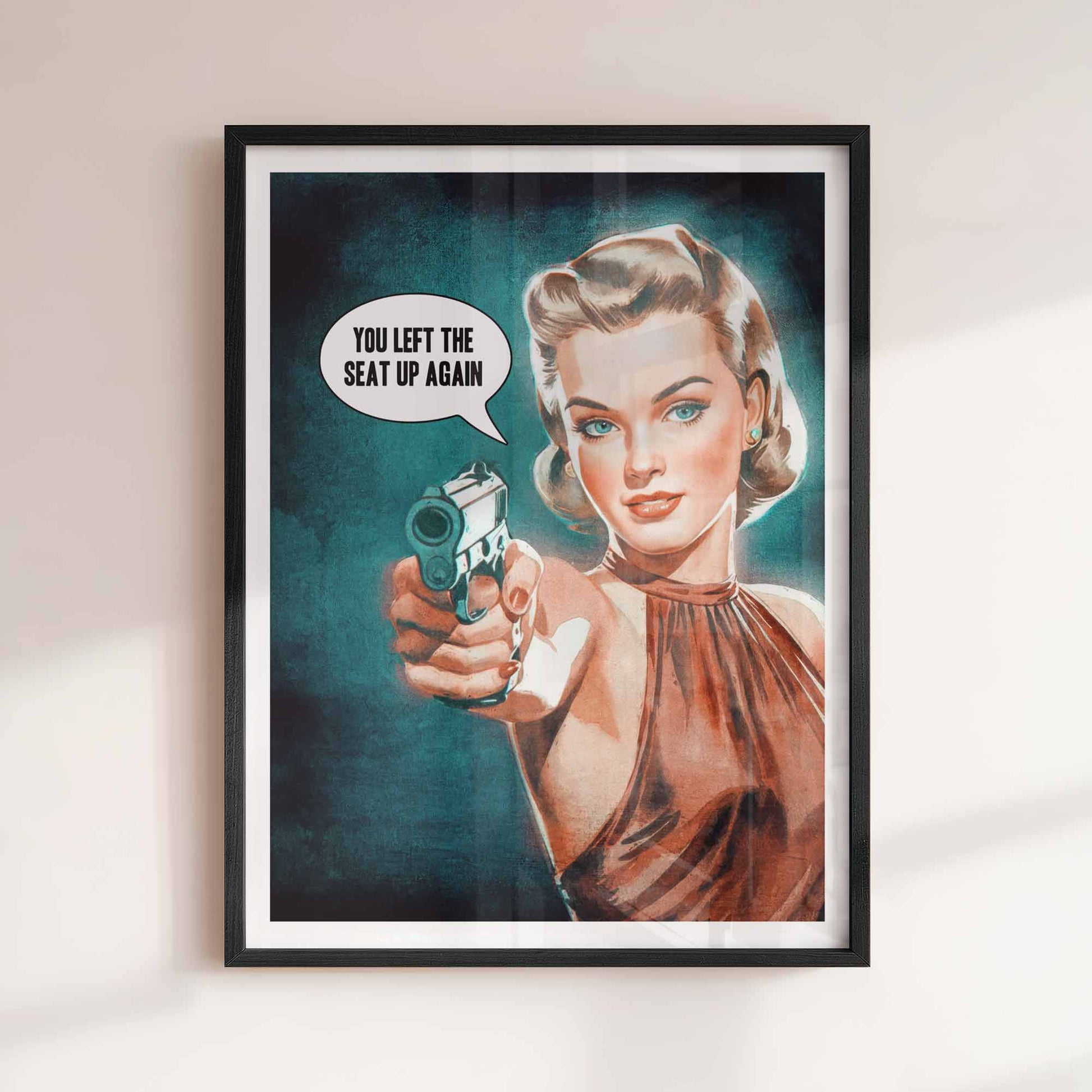 Vintage Bathroom Humor Poster | Retro Woman With Gun Wall Art | Funny Toilet Print | Feminist Retro Decor