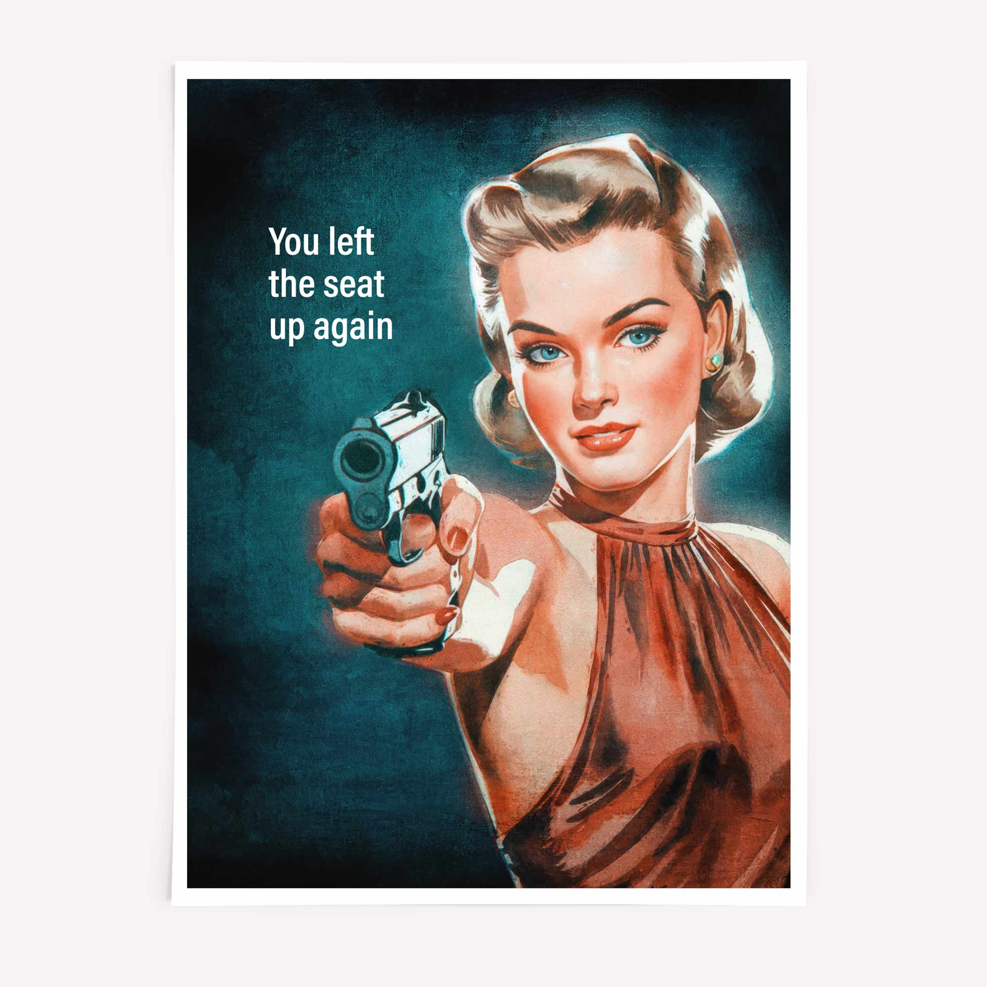 Vintage woman holding gun funny retro wall art

