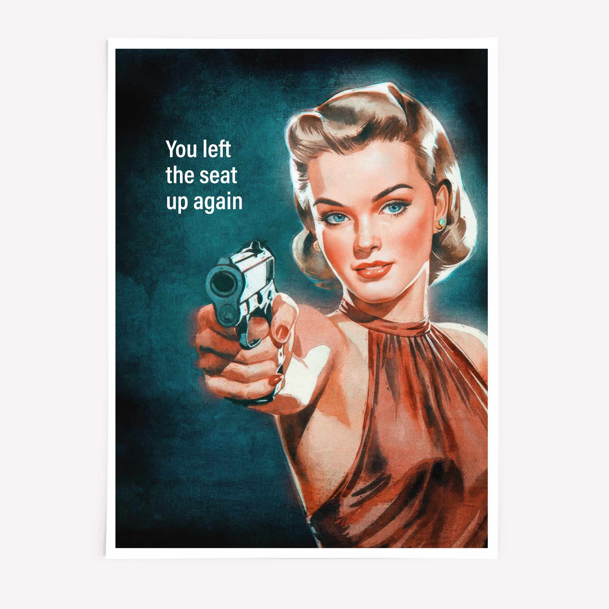 Vintage woman holding gun funny retro wall art

