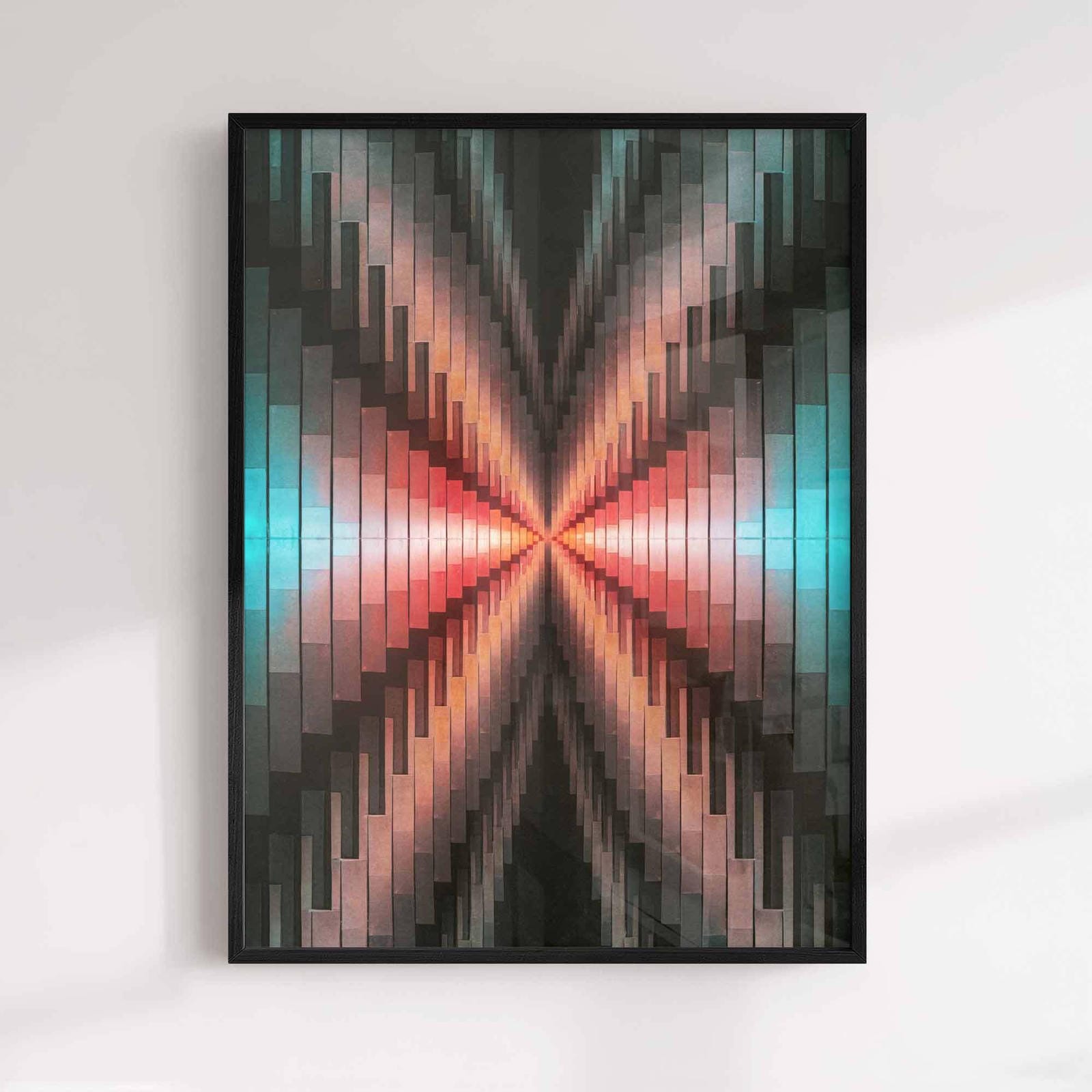 surreal abstract fractal art print featuring refracted light, symmetry, and colour convergence. Contemporary wall art for mod