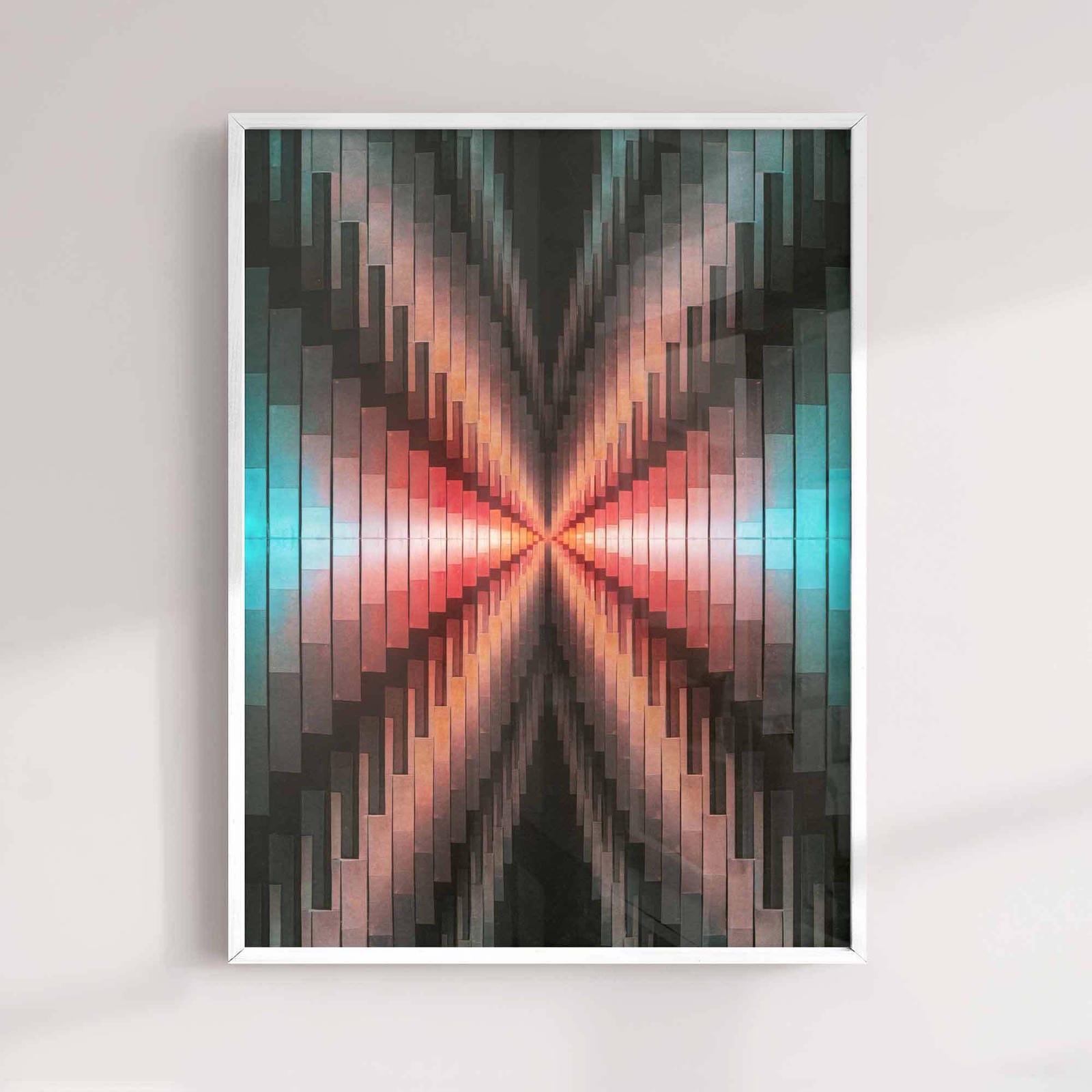 surreal abstract fractal art print featuring refracted light, symmetry, and colour convergence. Contemporary wall art for modern interiors.