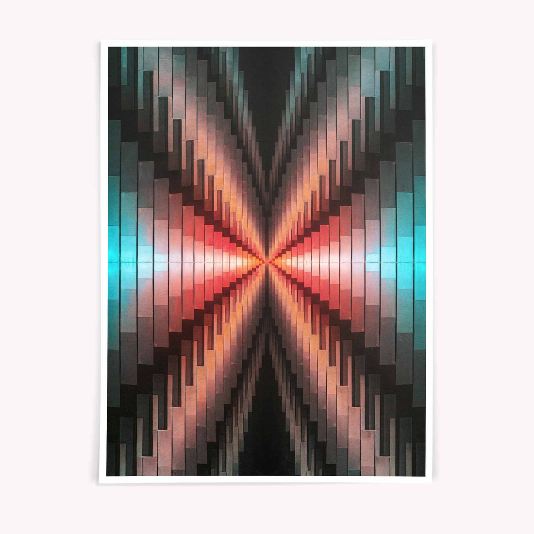 surreal abstract fractal art print featuring refracted light, symmetry, and colour convergence. Contemporary wall art for modern interiors.