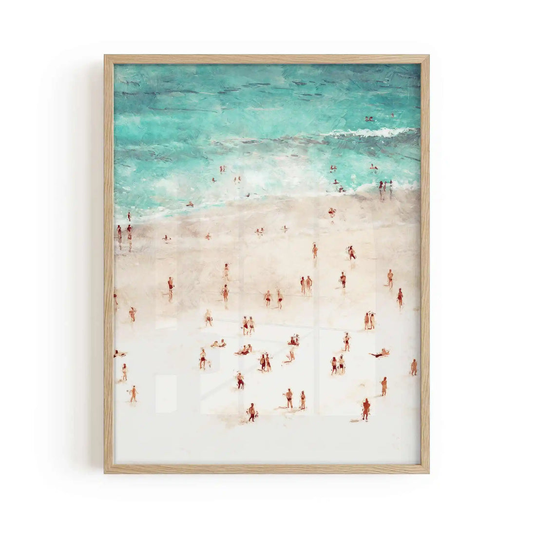 Coastal beach over head scene wall art print framed in oak featuring tiny beach people 