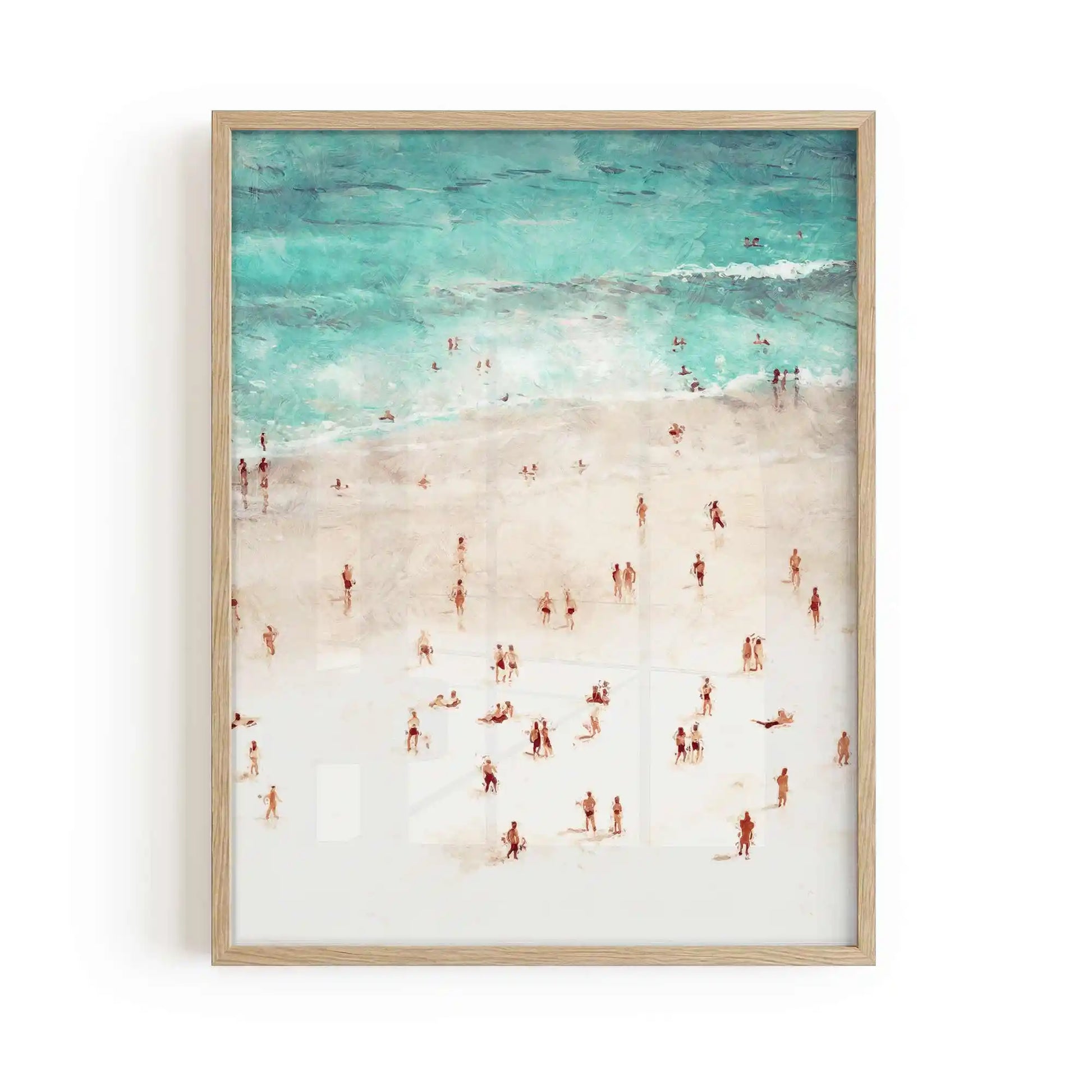 Coastal beach over head scene wall art print framed in oak featuring tiny beach people 