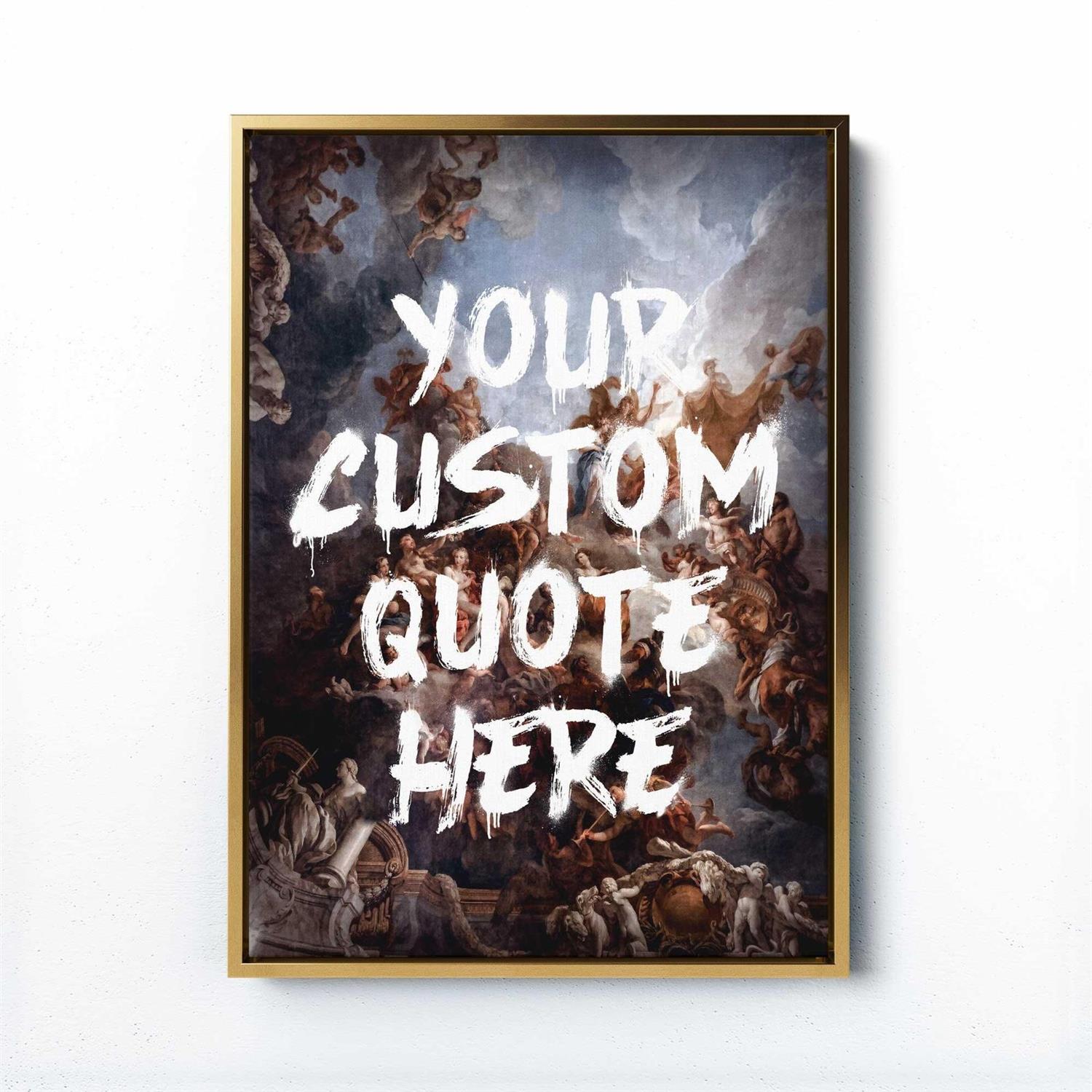 Framed artwork with classical painting background and customizable text overlay.
