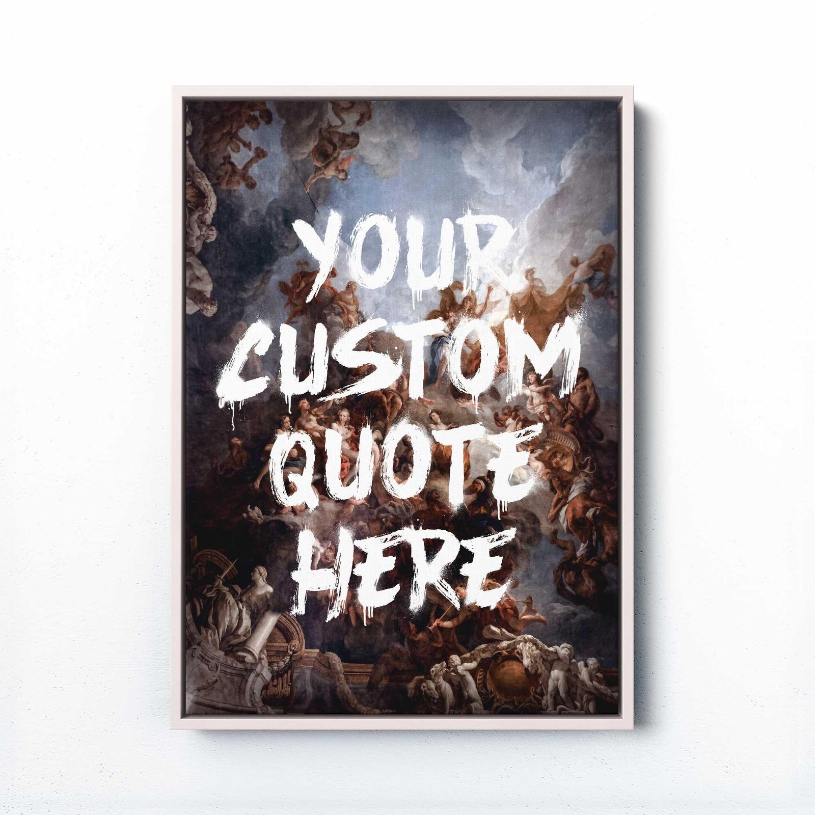 Framed artwork with classical painting background and customizable text overlay - White frame
