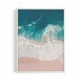 Aerial beach photography print showing turquoise ocean waves washing onto soft sandy shores in a calming coastal scene.