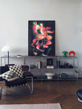 trendy apartment interior with blurry aesthetic flower art print