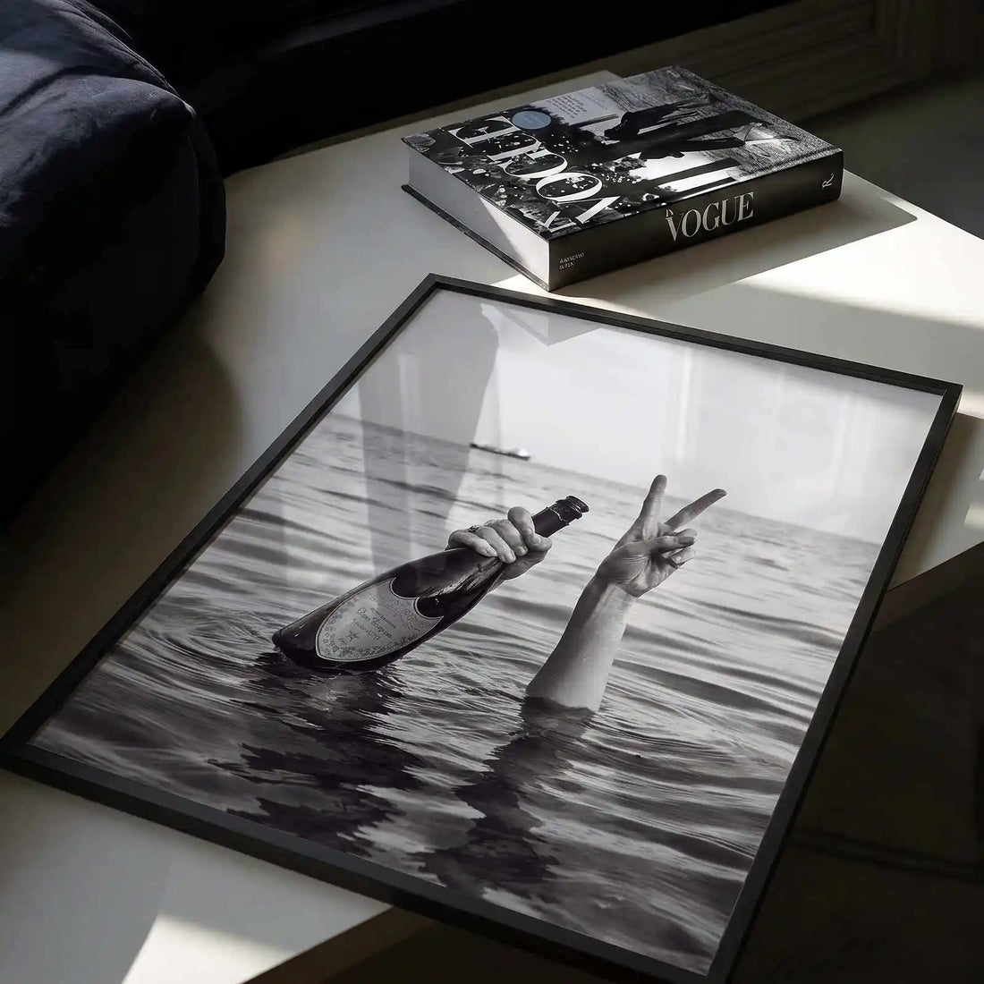 black framed poster print featuring champagne and saltwater artwork with monochrome styling and editorial fashion vibe by After Hours Gallery