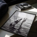 black framed poster print featuring champagne and saltwater artwork with monochrome styling and editorial fashion vibe by After Hours Gallery