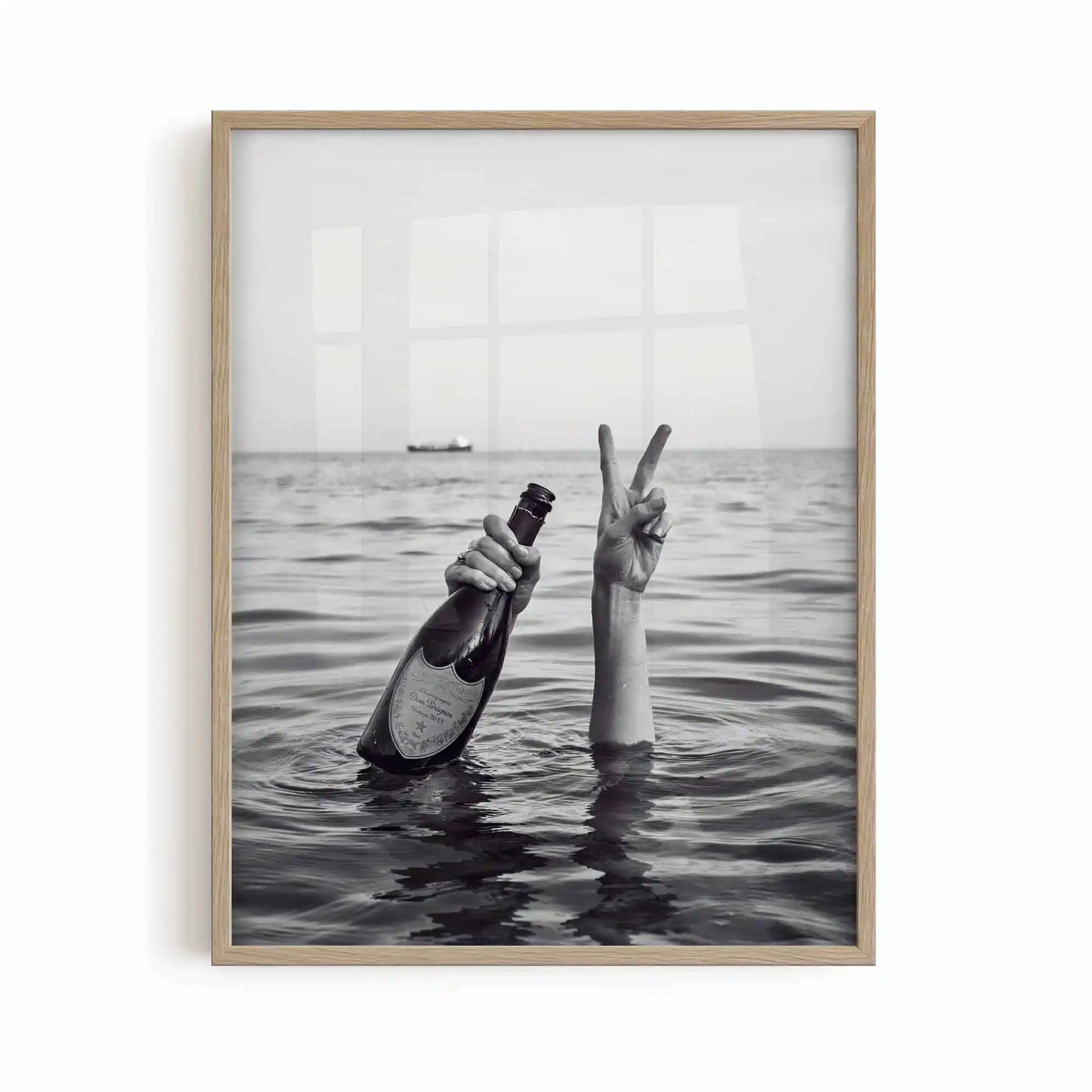 oak framed poster print featuring champagne and saltwater artwork with monochrome palette and luxury interior styling by Afterhours Gallery