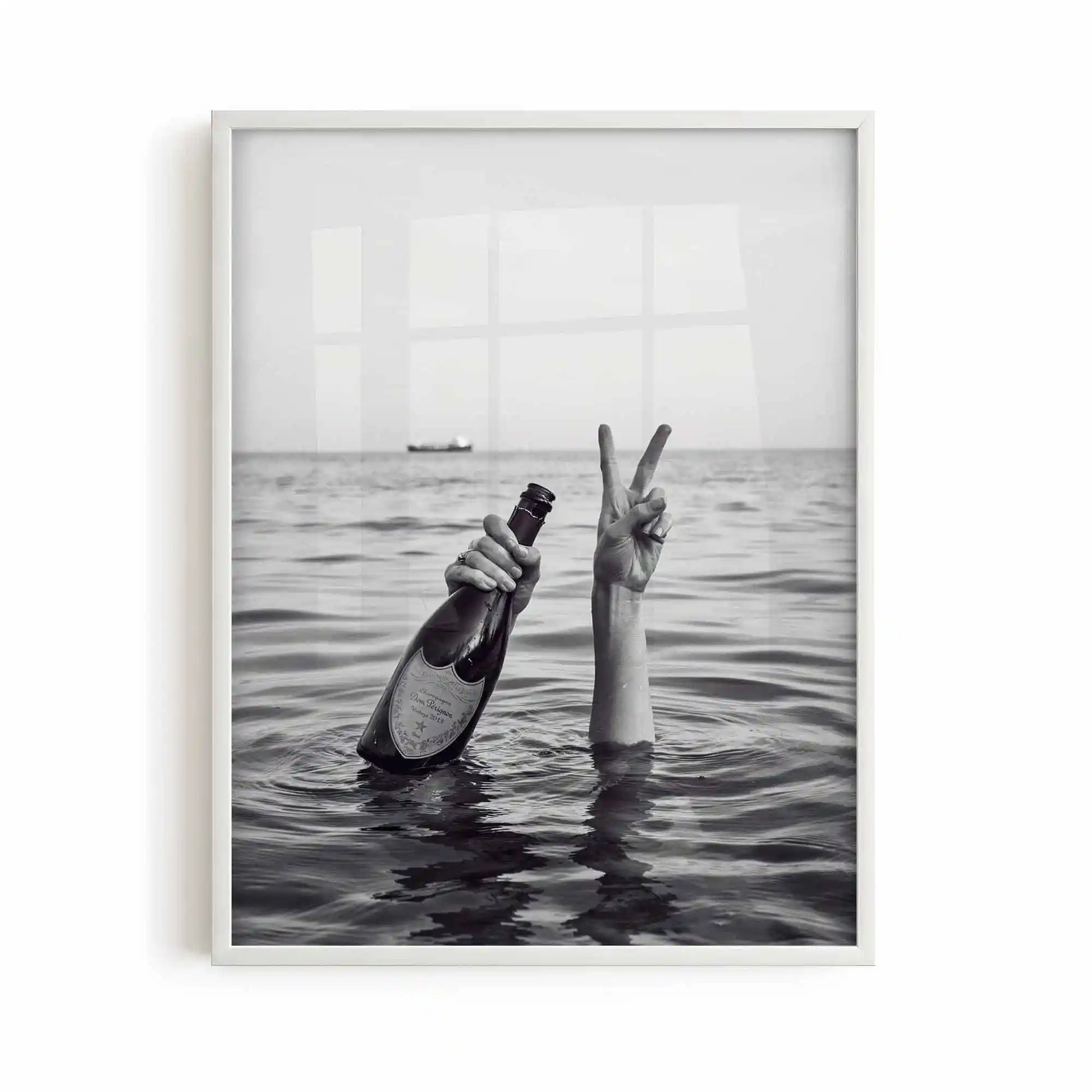 white framed poster print showing champagne and saltwater artwork with black and white tones and chic bedroom aesthetic by Afterhours Gallery