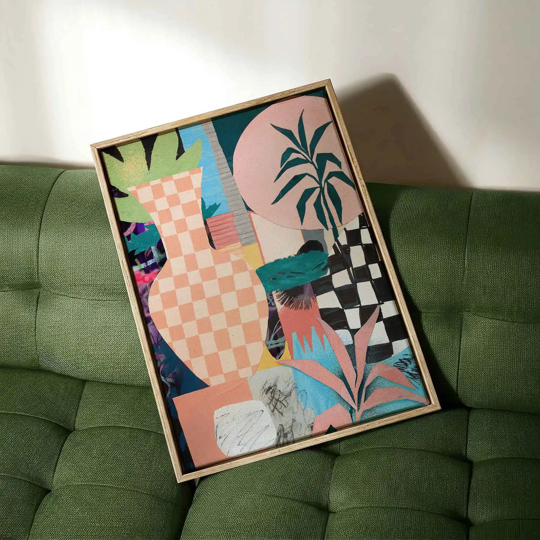 Floral canvas print with checkered vase maximalist aesthetic