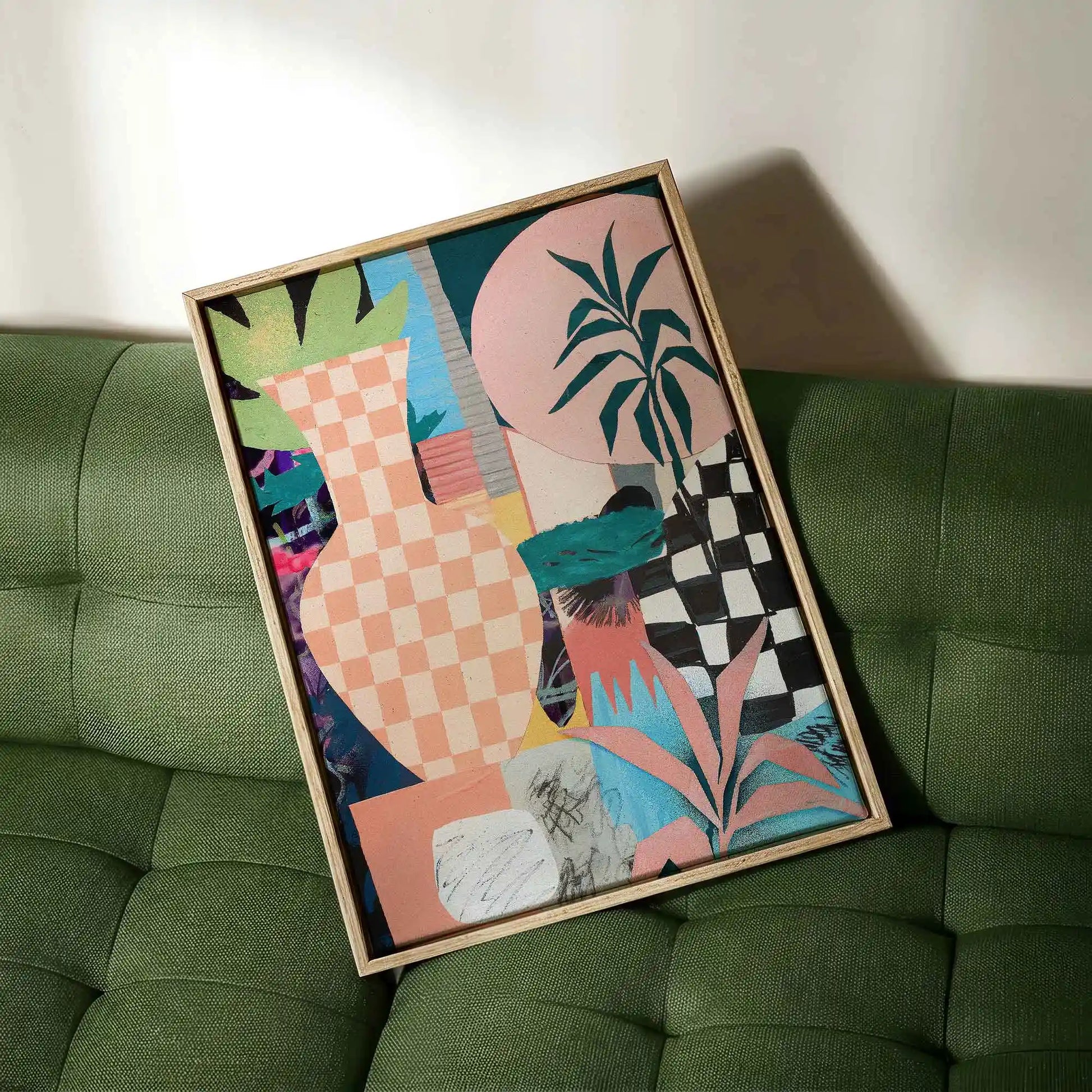 Floral canvas print with checkered vase maximalist aesthetic