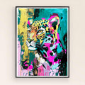 Colorful leopard poster styled on a preppy bar cart with dopamine decor accessories.
