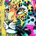 Leopard painting in vibrant pink, teal, and gold hues – perfect for maximalist decor.