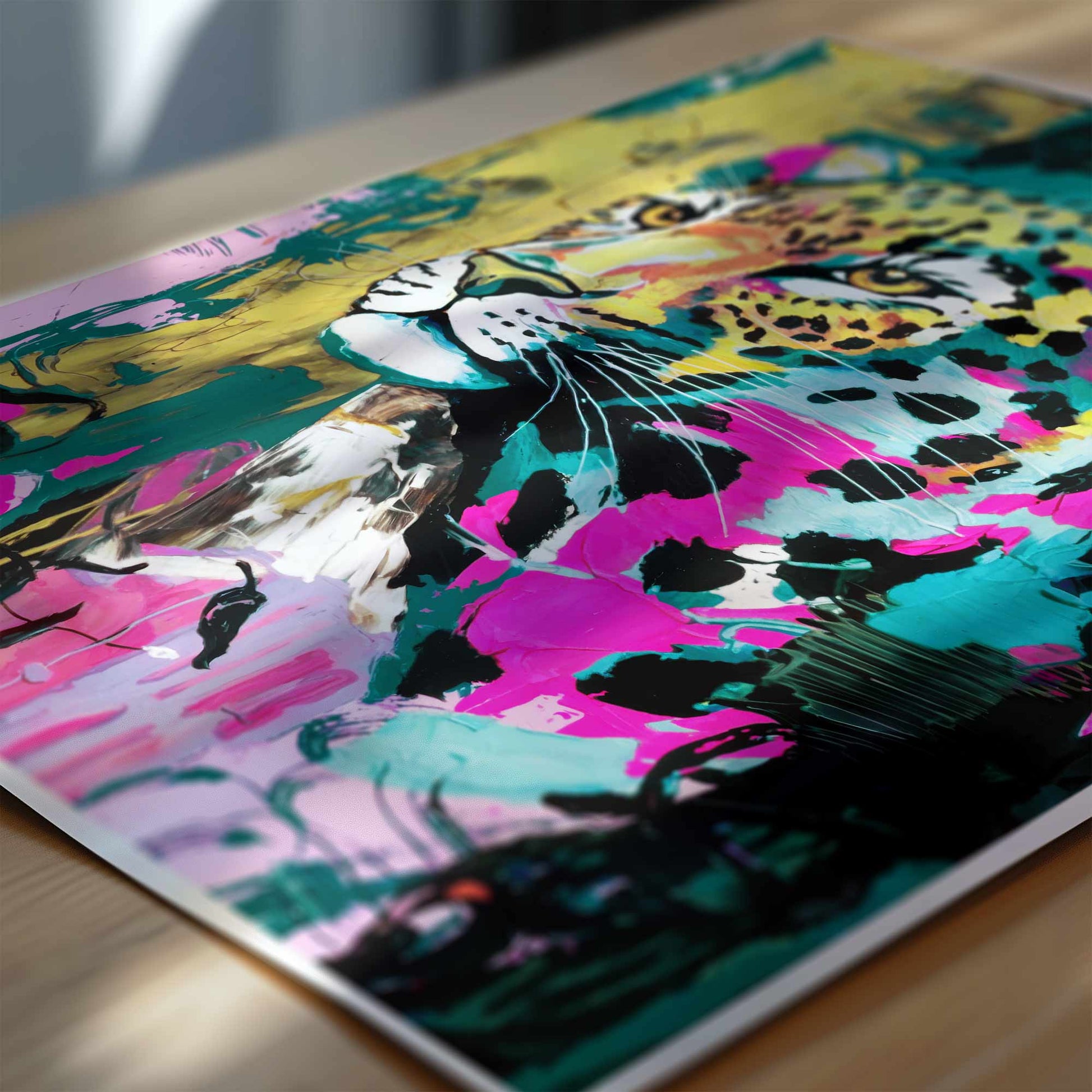 Maximalist leopard wall art styled as a gallery wall centerpiece in a trendy bedroom.