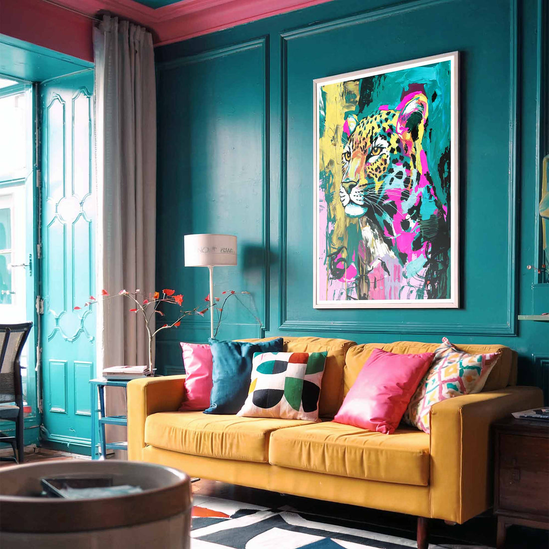Bold leopard art print with electric pink, teal, and gold brushstrokes – dopamine decor style.