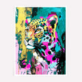Bold leopard art print with electric pink, teal, and gold brushstrokes – dopamine decor style.