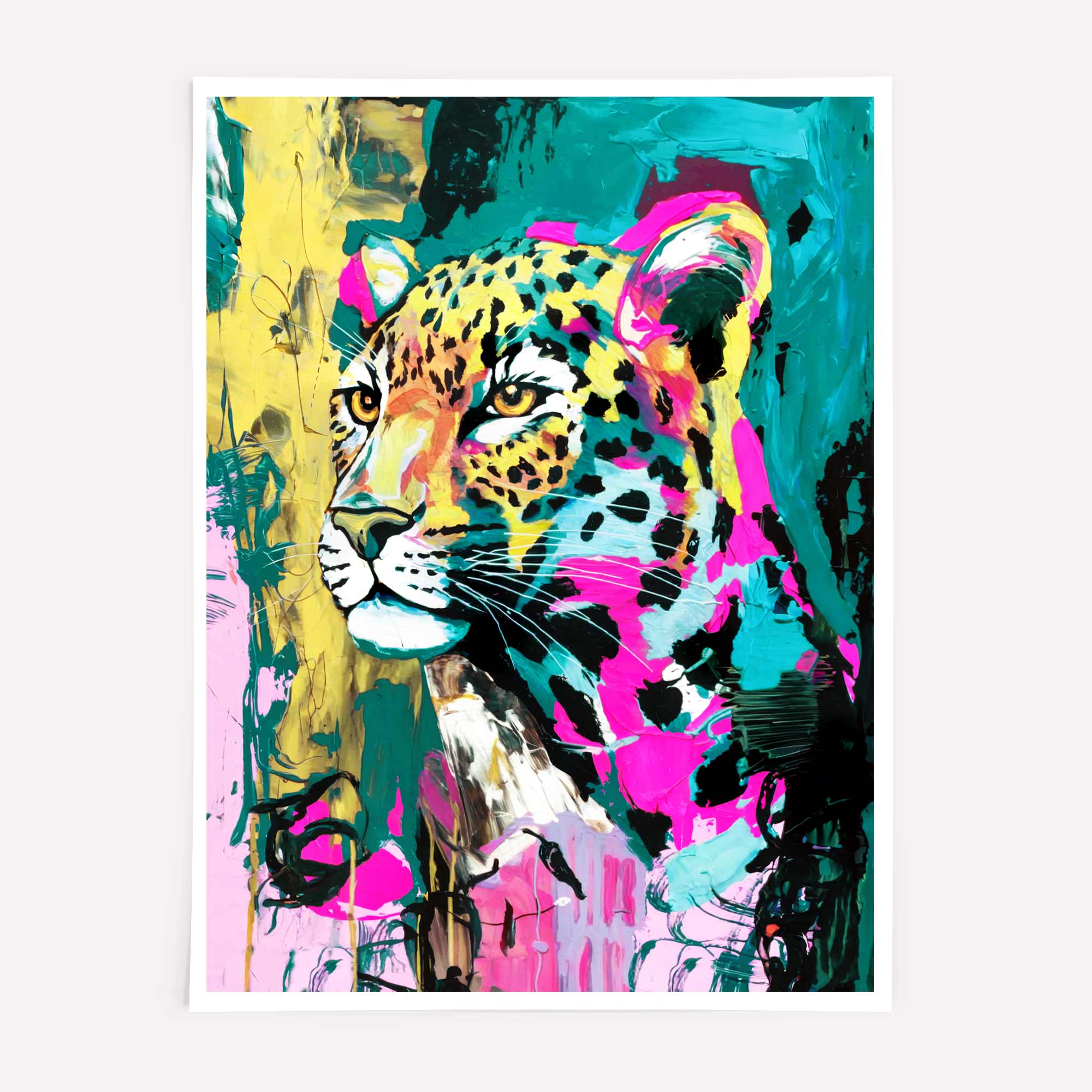 Bold leopard art print with electric pink, teal, and gold brushstrokes – dopamine decor style.
