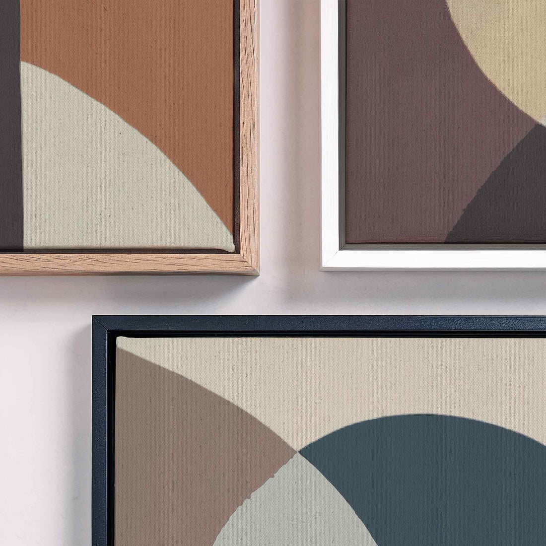 Contemporary abstract art print featuring geometric shapes in earth tones - terracotta, sage green, dusty rose and charcoal in Scandinavian style
