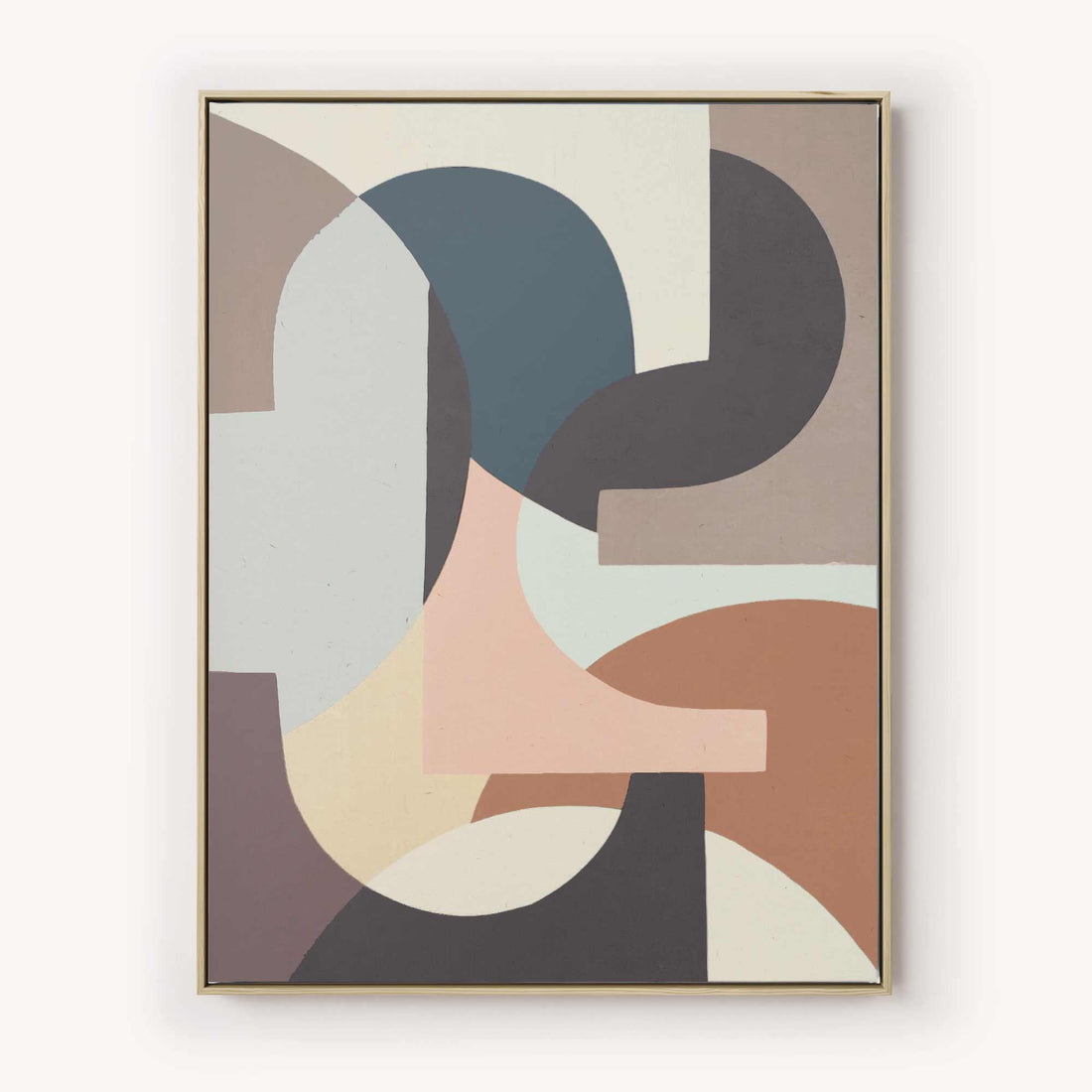 Contemporary abstract art print featuring geometric shapes in earth tones - terracotta, sage green, dusty rose and charcoal in Scandinavian style
