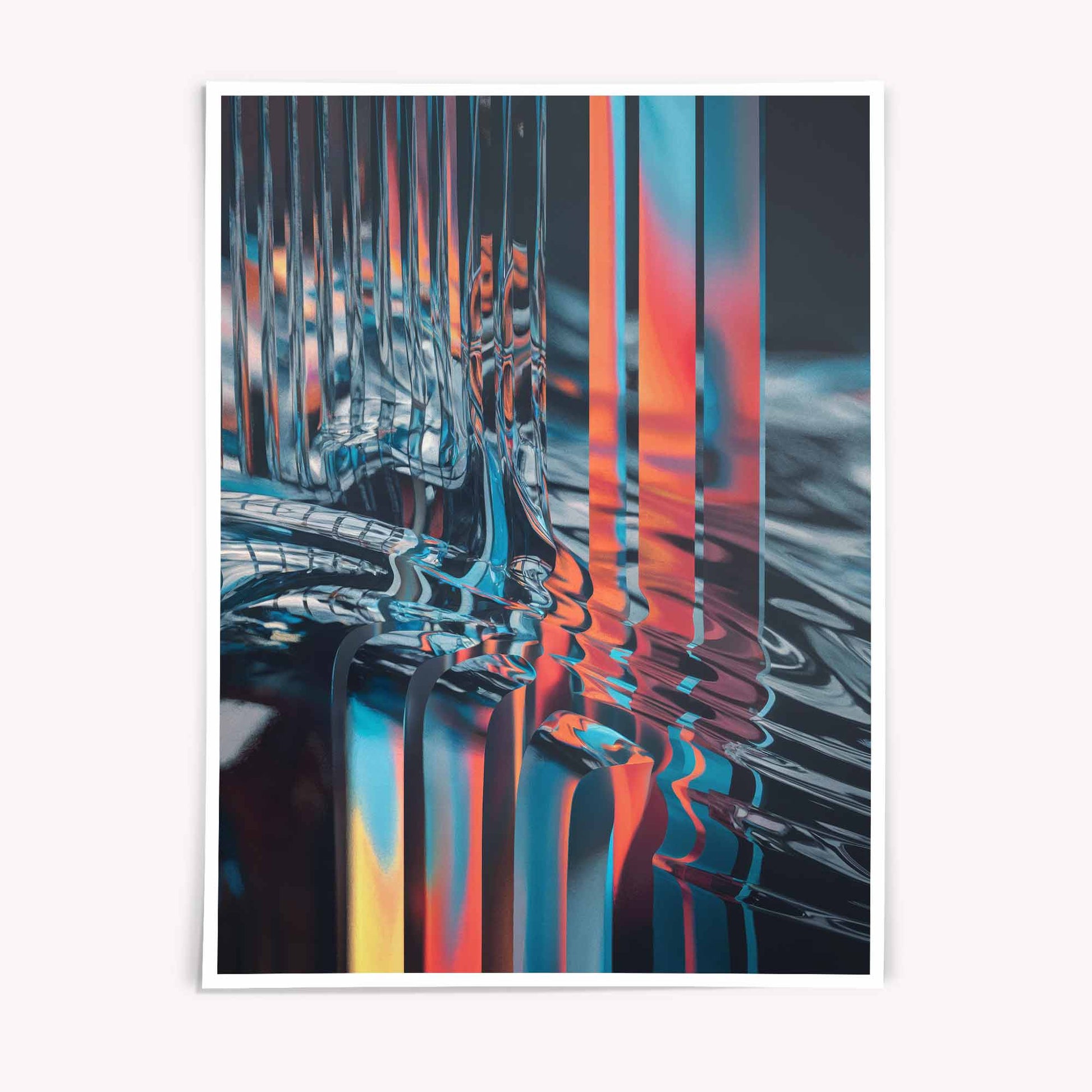 Surreal abstract glass artwork with refracted colour, liquid distortion, and glitch-inspired textures