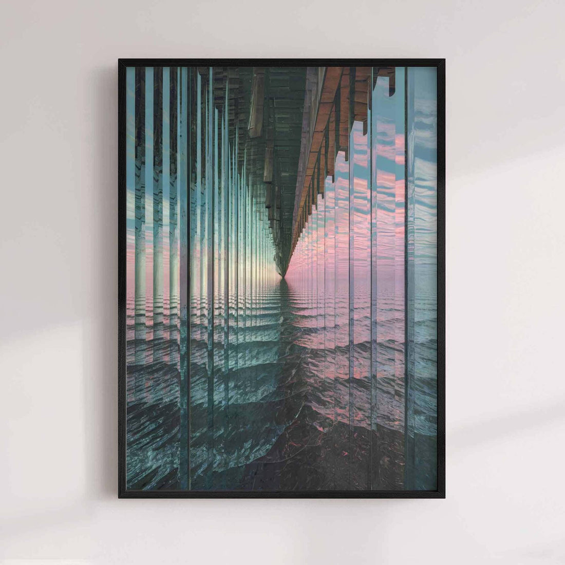 Surreal abstract seascape art print with visible horizon and sea refracted through glass textures and reflective surfaces