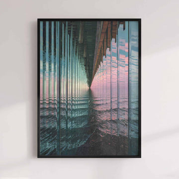 Surreal abstract seascape art print with visible horizon and sea refracted through glass textures and reflective surfaces
