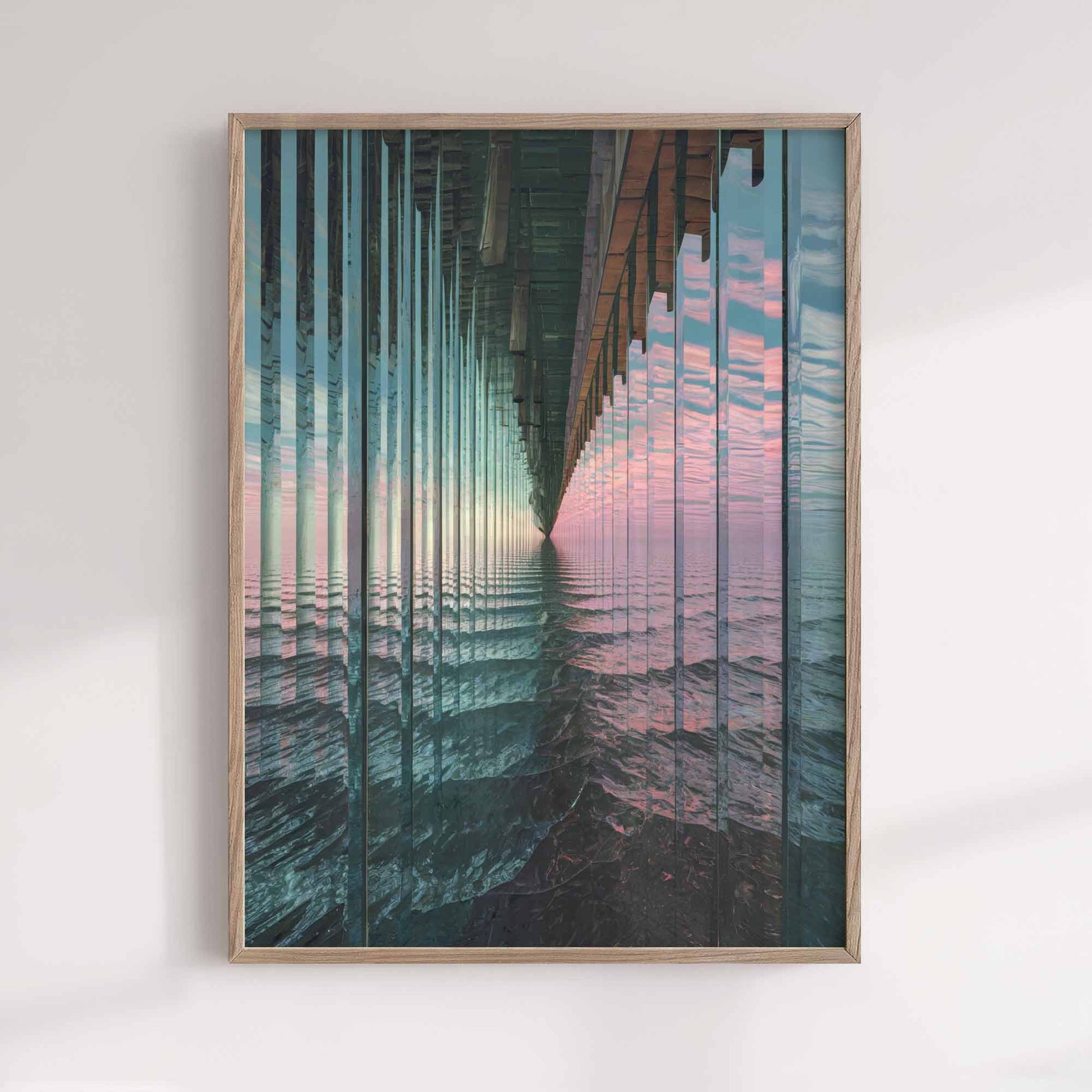 Surreal abstract seascape art print with visible horizon and sea refracted through glass textures and reflective surfaces