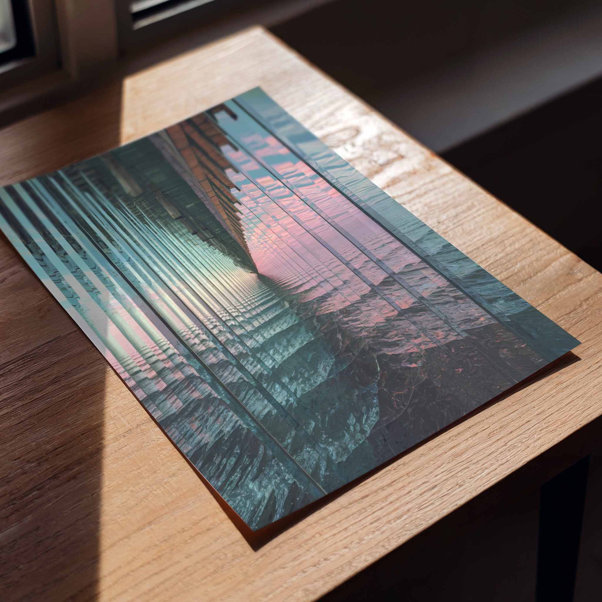 Surreal abstract seascape art print with visible horizon and sea refracted through glass textures and reflective surfaces