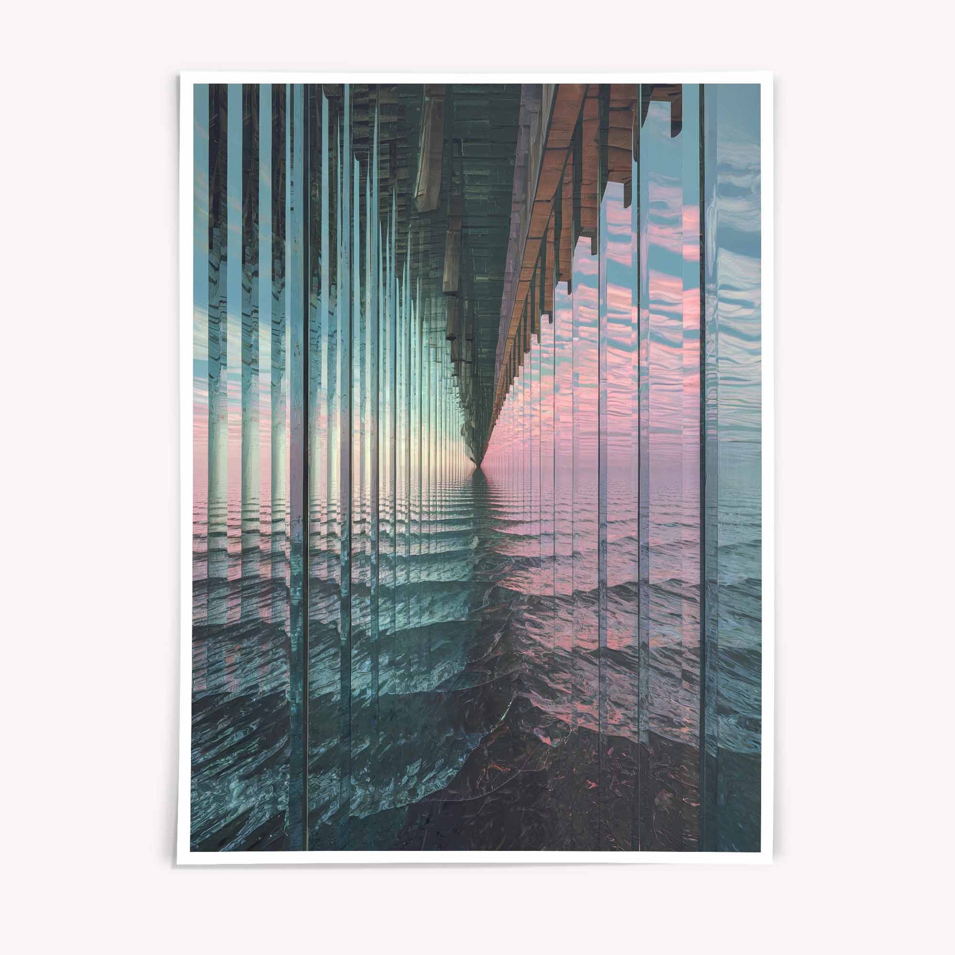 A surreal abstract seascape poster featuring a visible horizon refracted through glass-like textures and reflective surfaces. Contemporary wall art for modern interiors.