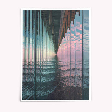 A surreal abstract seascape poster featuring a visible horizon refracted through glass-like textures and reflective surfaces. Contemporary wall art for modern interiors.