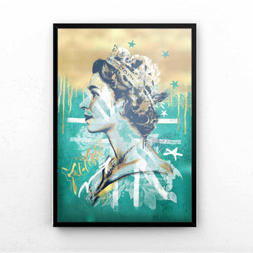 Framed artwork of a stylized queen elizabeth with a crown on a white wall