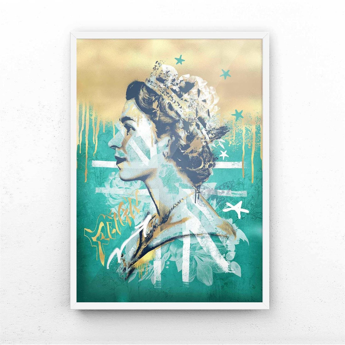 Framed artwork of a stylized queen elizabeth with a crown on a white wall
