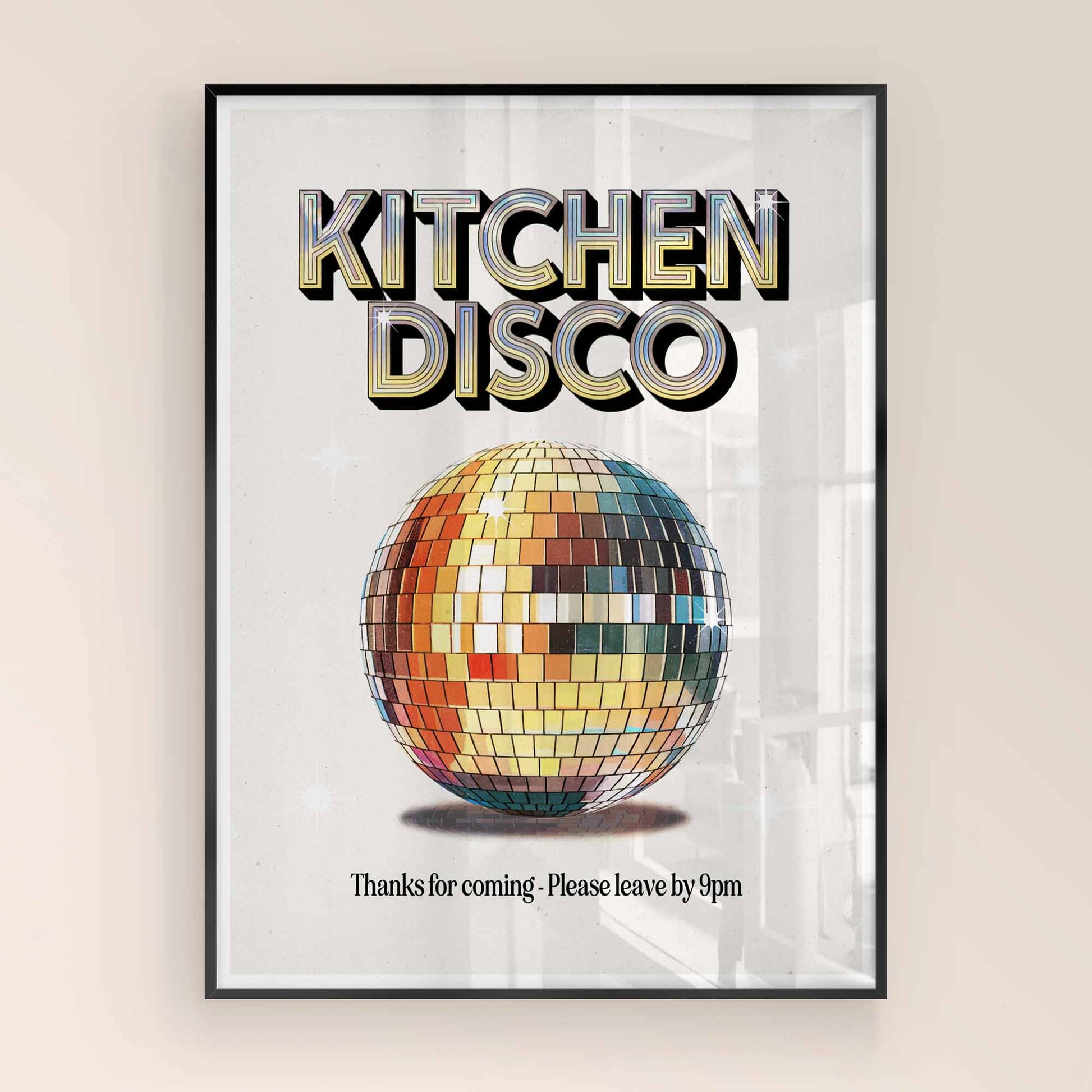 Framed Kitchen Disco Artwork Above Dining Table in Eclectic Interior