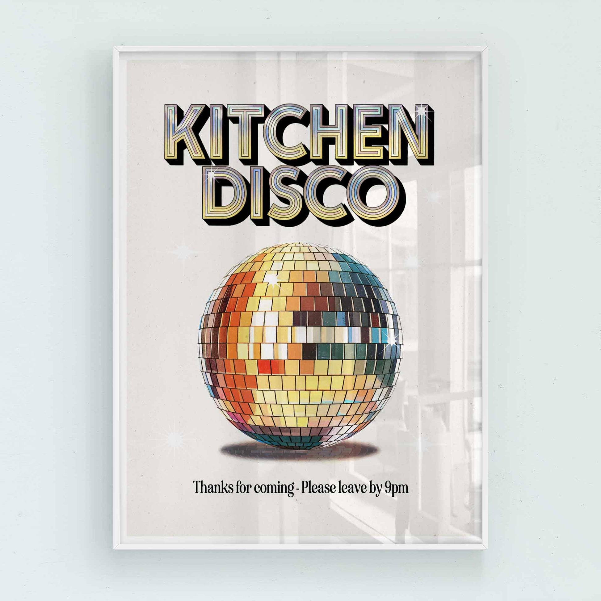 Grey Kitchen Disco Poster Styled in Modern Kitchen Setting